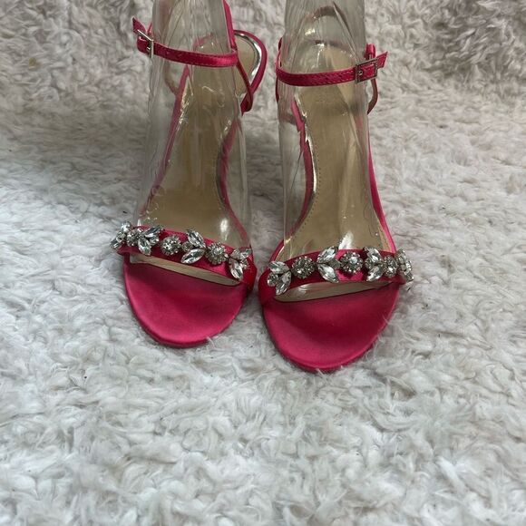 JEWEL BADGLEY MISCHKA Satin Hot Pink Rhinestone accents Ankle Strap Sandals SZ 8 - Picture 3 of 9